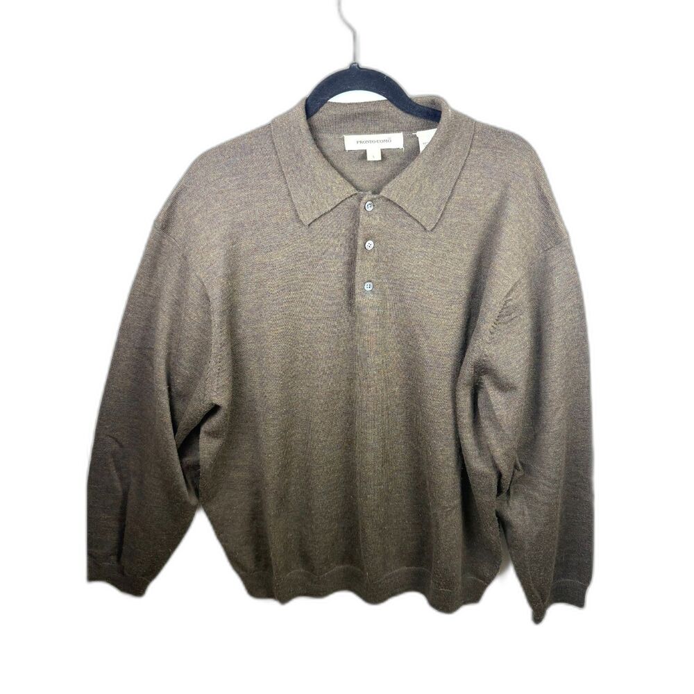Pronto Uomo Extra Fine Merino Wool Polo Sweater Mens L Taupe Brown 3 Button